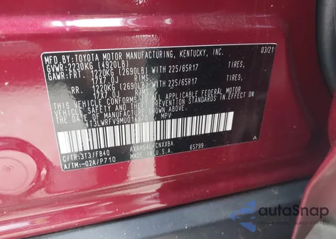 2021 Toyota Rav4 Hybrid Le из США, поврежденный, VIN 4T3LWRFV9MU014970